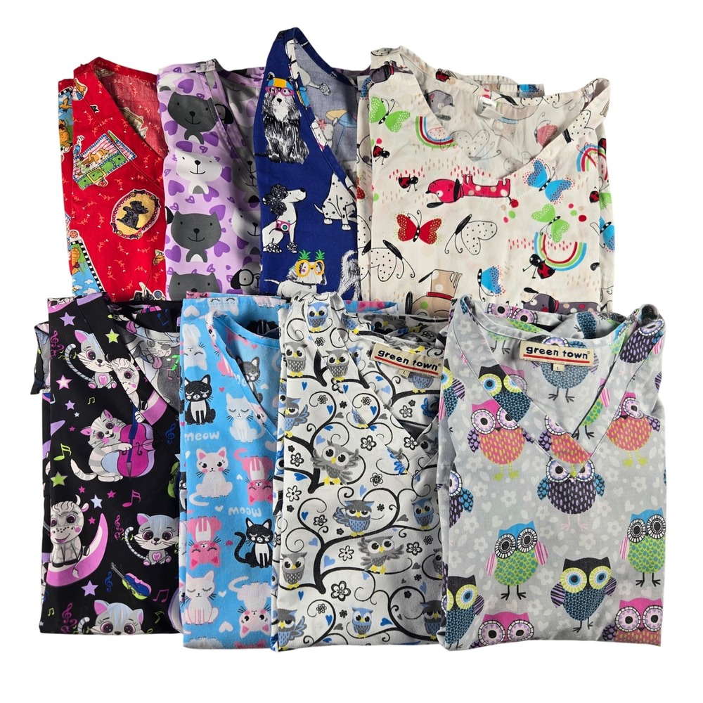 Lot of 8 Women's Large Scrub Tops Cats Dogs Owls Animal Print Mixed Brands Vet